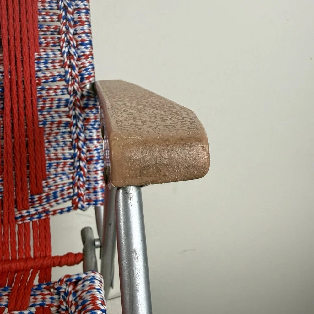 Vtg Set 2 Aluminum Folding Lawn Chair Child Sz Macrame Weave‎ Woven Chair Match